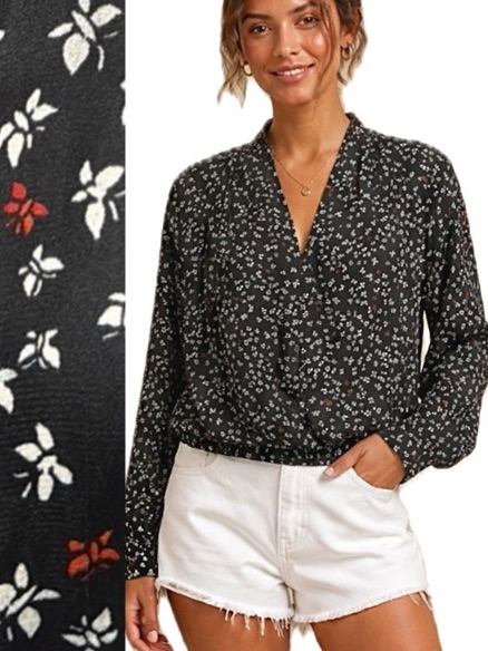 Intimately Free People Butterfly Print Blouse Size M Shawl Collar Elastic Hem